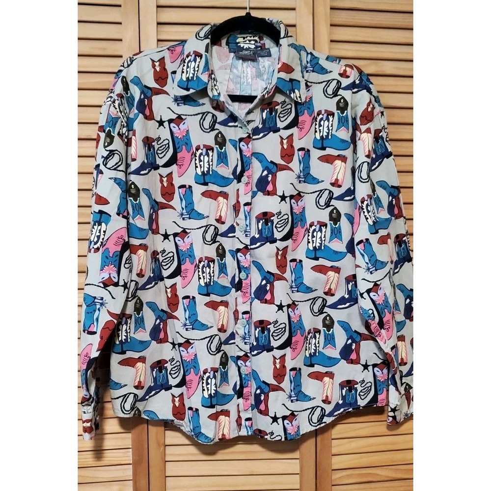WOOLRICH Vintage Cowboy Boot Pattern Womens Shirt Size Large Long Sleeve